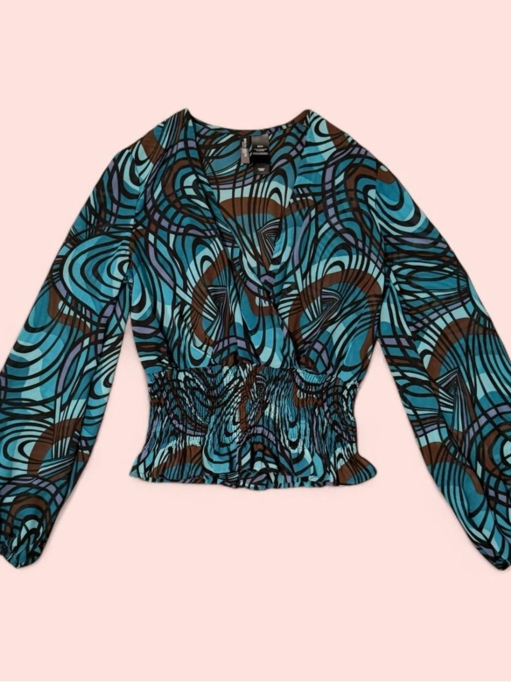 Bisou Bisou Abstract Print Smocked Waist Blouse – Size Small